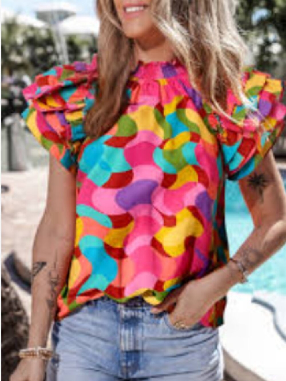 Multi-color Abstract Mock Smocked Neck Multi-layer Ruffle Sleeve Blouse M